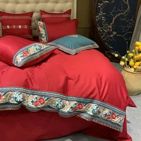 Svetanya Red Bohemian Flowers Egyptian Cotton Oriental Bedding Sets Queen King Size Embroidery Duvet Cover Set Sheets Bedlinen