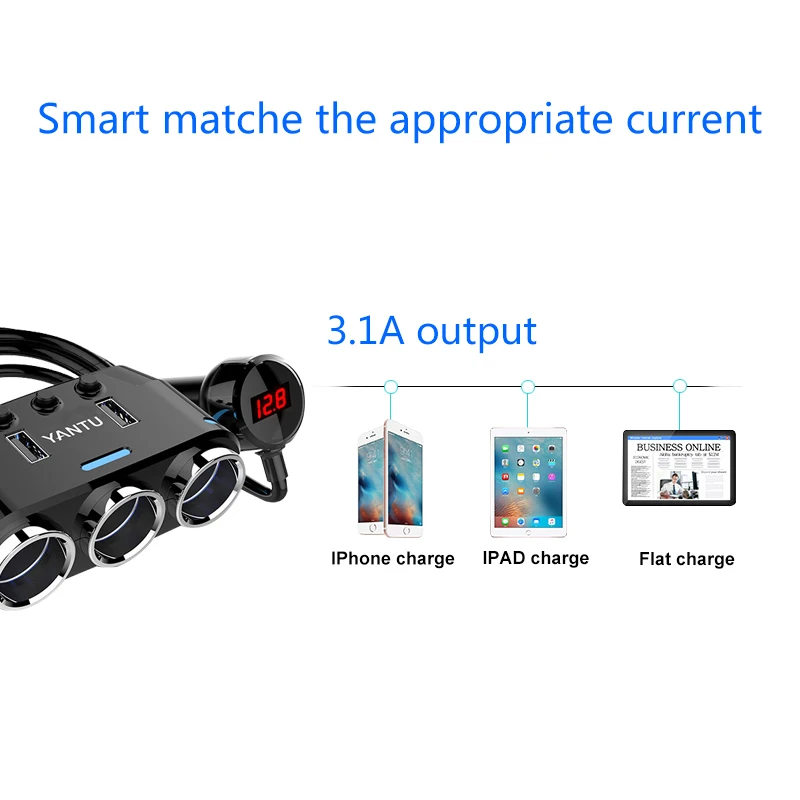 

12V-24V Car Cigarette Lighter Socket Splitter Power 3 Adapter 3.1A Dual USB Car Charger 100W Power Output with Voltmeter