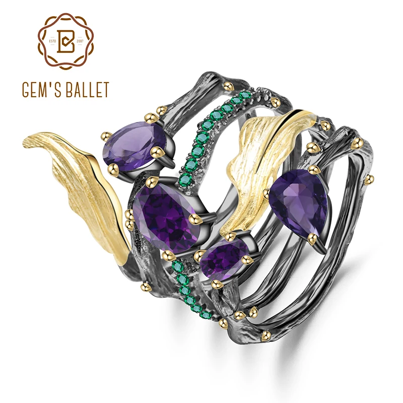 GEM'S BALLET 2.26Ct натуральный аметистовый драгоченный камень кольцо на палец 925 пробы Серебряное Винтажное кольцо кольца для женщин вечерние ювелирные изделия