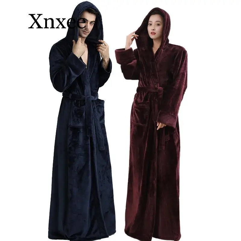 Парный сверхдлинный теплый Халат с капюшоном для женщин и мужчин зимний