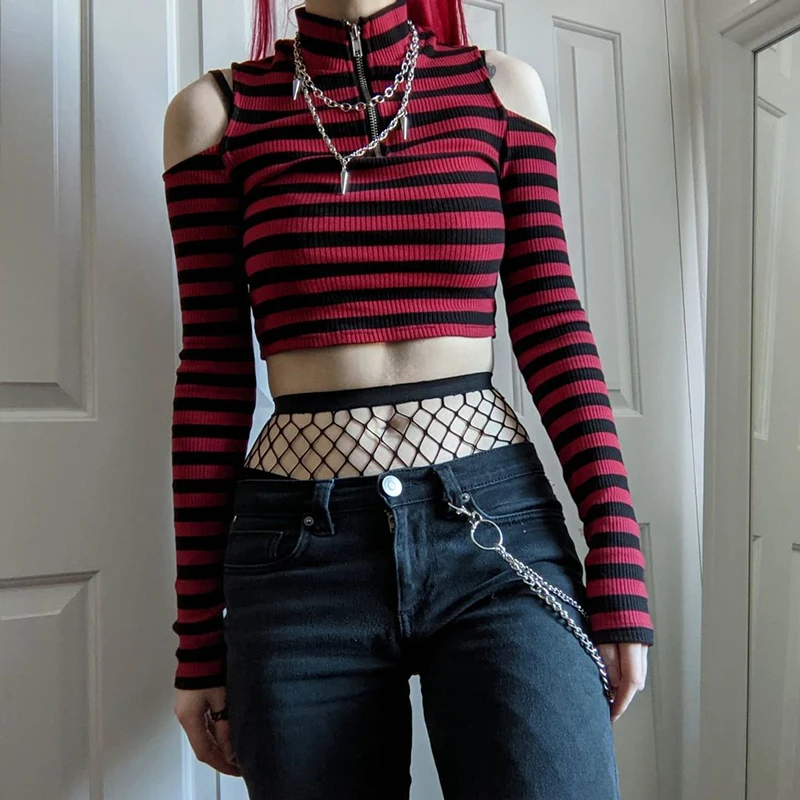 

Gothic Mall Goth Striped Print T-shirt Hollow Out Slim Fit Turtleneck Crop Top E-girl Harajuku Grunge Emo Alt Tees Women Clothes