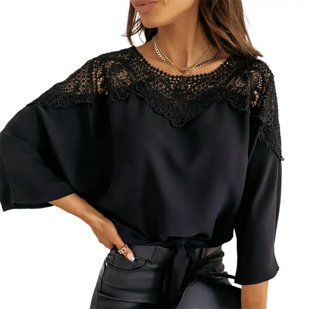 

Elegant Women Blouse Solid Color Lace Patchwork Autumn Winter Shirts Hollow Out Long Sleeve O Neck Office Ladies Blouse Top