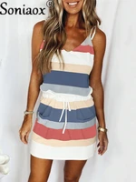 2021 womens dress fashion striped color v neck drawstring pocket suspender dress ladies casual summer dress beach mini sundress