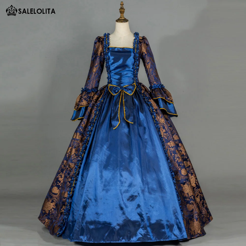 Renaissance Brocade Colonial Antique Blue Floral Princess Retro Victorian Ball Gown Dress Halloween Costume Theater Clothing