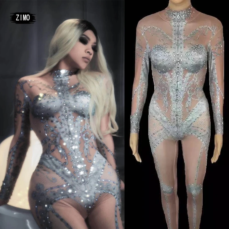 Denim Pattern Print Sparkly Rhinestones Jumpsuit Sexy Costume Women Stage Performance Dance Stretch Bodysuit designer Show Wear