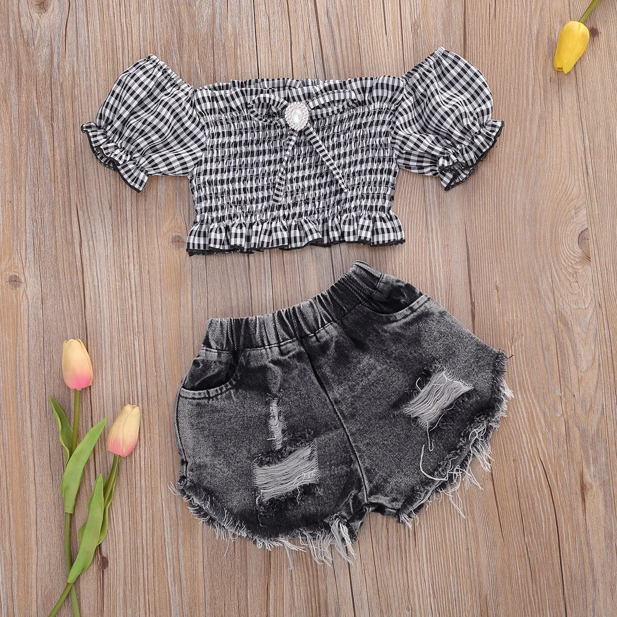 

Pudcoco Toddler Baby Girl Clothes Summer Off Shoulder Ruffle Crop Tops Ripped Denim Short Pants 2Pcs Outfits Fashion Set 2-9Y