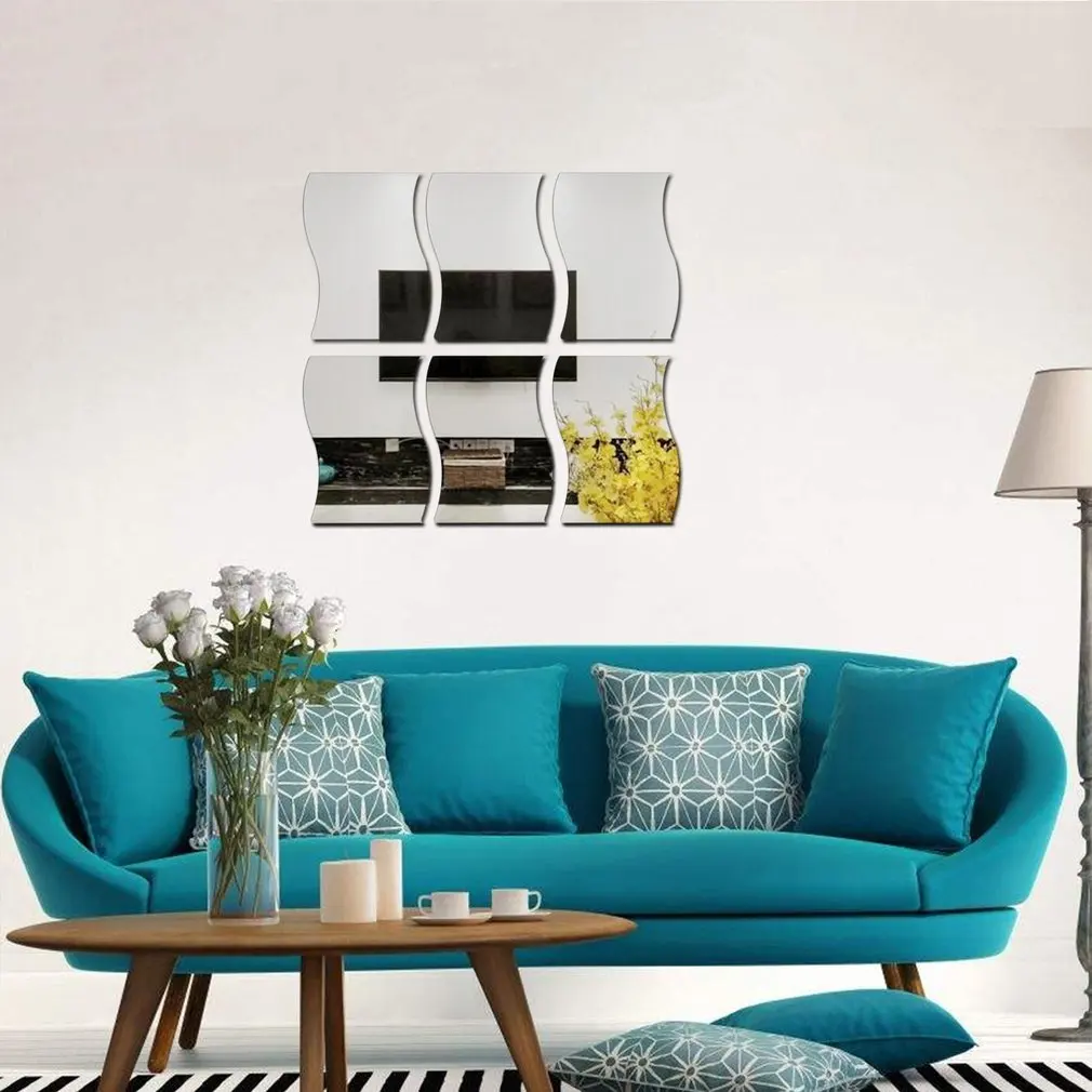 6 шт. DIY Зеркальная Наклейка на стену волна Форма самоклеящаяся 3D с украшением в