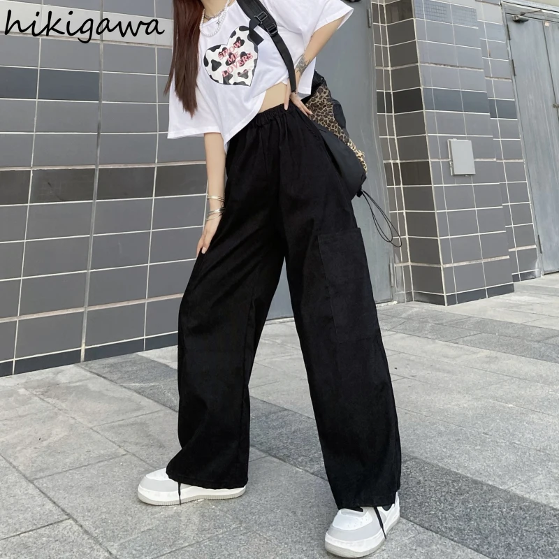 

Hikigawa Casual Pants for Women Summer New Bottoms Korean Harajuku Streetwear Big Pocket Trousers Loose Straight Wide Leg Pants