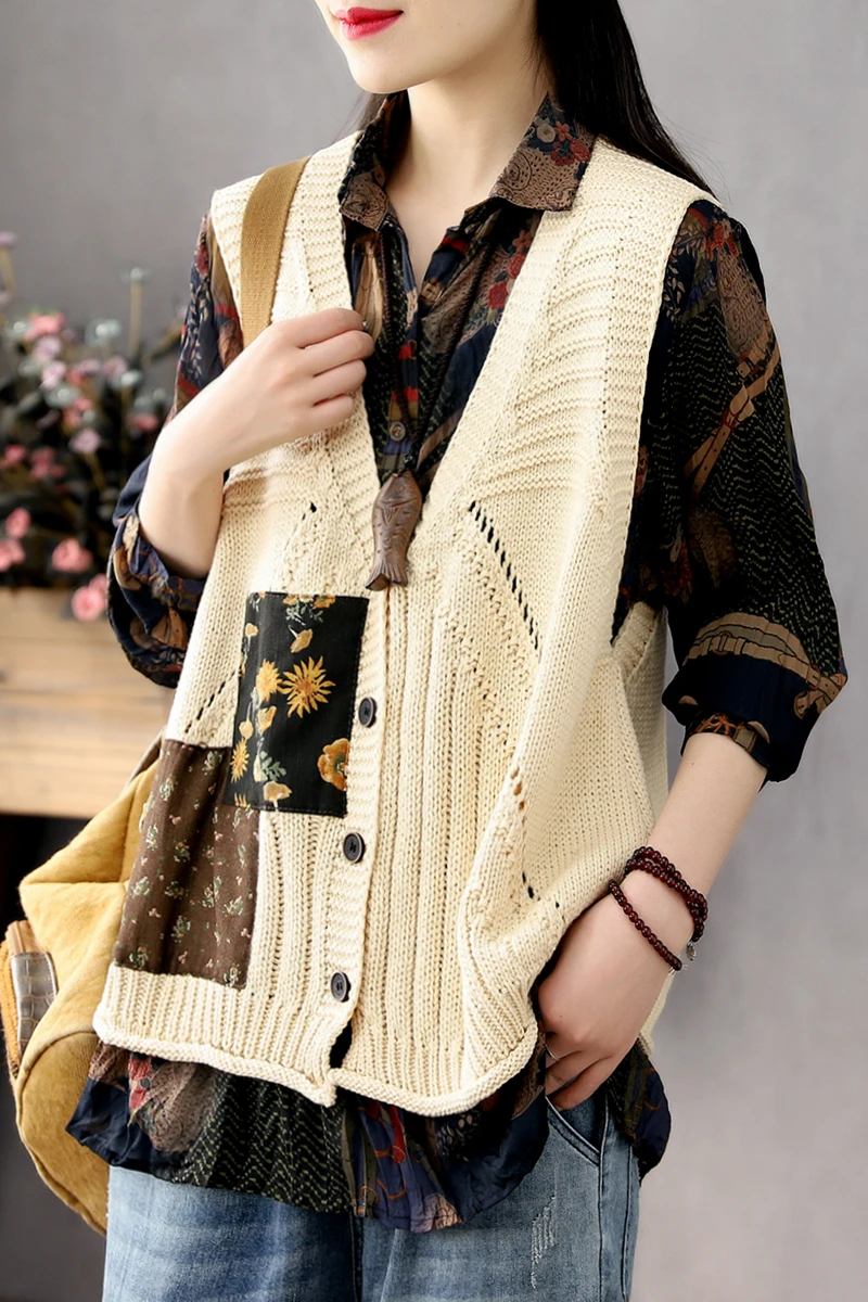 

Retro sweater vest women single breasted V neck vest sleeveless casual sweater vest female