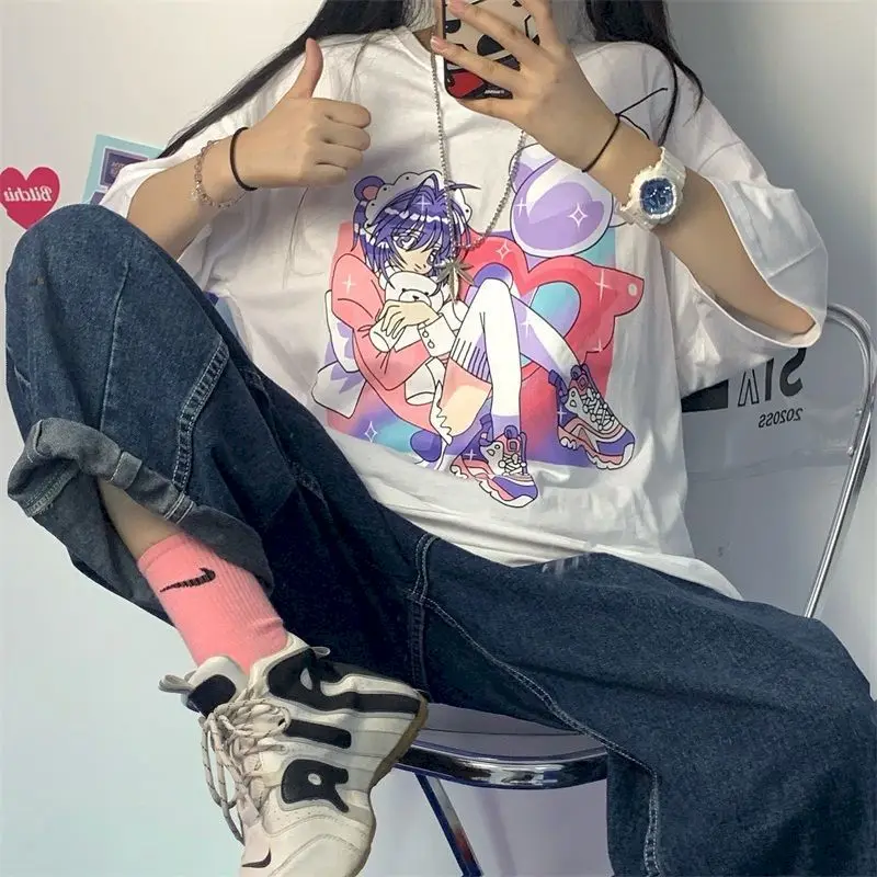 

2021 Summer Short Sleeve T-shirt Female Korean Two-dimensional Cartoon Print Loose White Graphic T Shirts Goth Clothes Kawaii