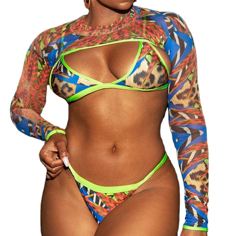 

S-5XL Sexy Bikini Women Snakeskin Print Swimwear Swimsuit Female Bikinis Set Bathing Suit Bikini Long Sleeve 3 Pieces More Size