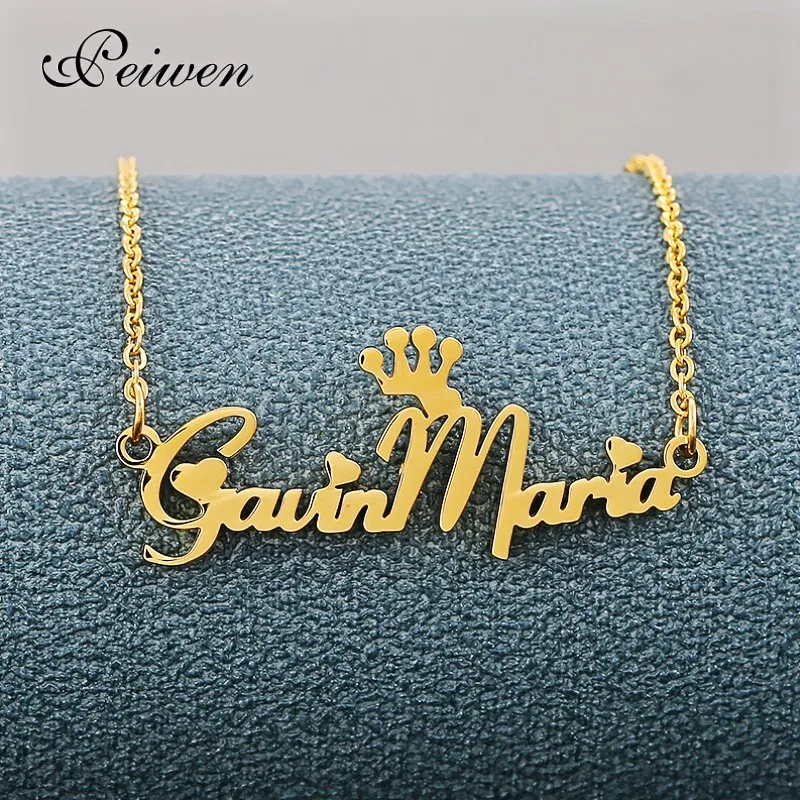 

Personalized Custom Name Necklace Stainless Steel Crown Heart Pendant Necklaces For Men Women Nameplate Chocker Necklace Gift
