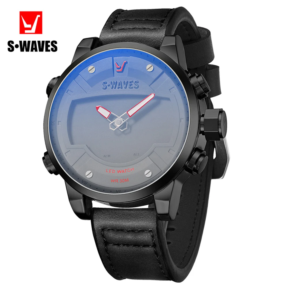 

LED Casual Men Watch Waterproof Luxury Dual Display Montre Homme 2019 Black Gray Military Leather Wristwatch Mens SWAVES Brand