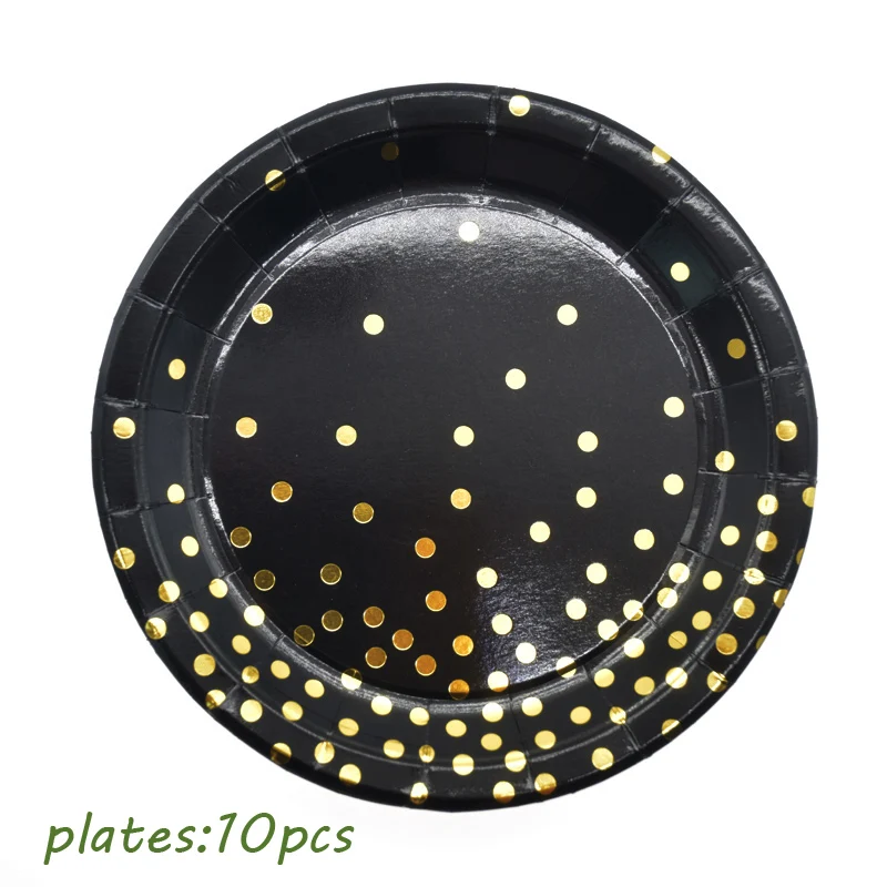 10pcs plates Черные бумажные золотистые тарелки украшения для дня рождения Детские бумажные соломинки Свадебные украшения подарок для невесты фольга одноразовая посуда - Цвет: 10pcs plates