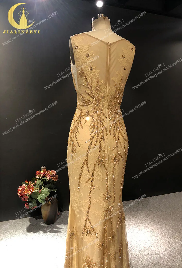 JIALINZEYI Gold Beads Crystal lace V Neck Mermaid Floor Length robe de soirée de mariage Fromal dress Evening Dresses