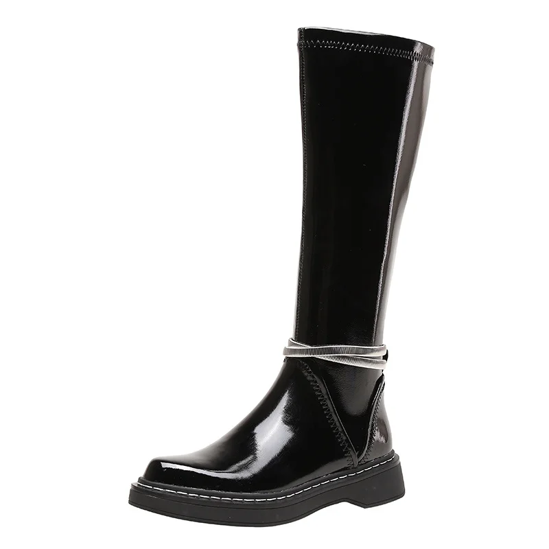 

ZJVI Women 2022 Patent Genuine Leather PU Autumn Winter Thigh Knee High Boots Low Heels Woman Ladies Shoes For Girls Black