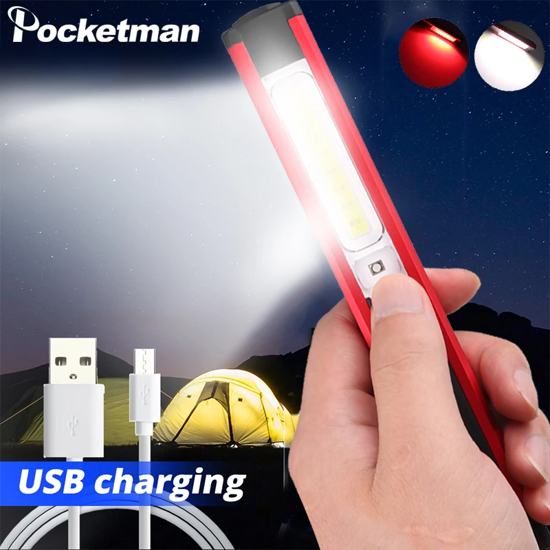 Светодиодный рабочий фонарик COB с зарядкой от USB белый или красный Магнитный