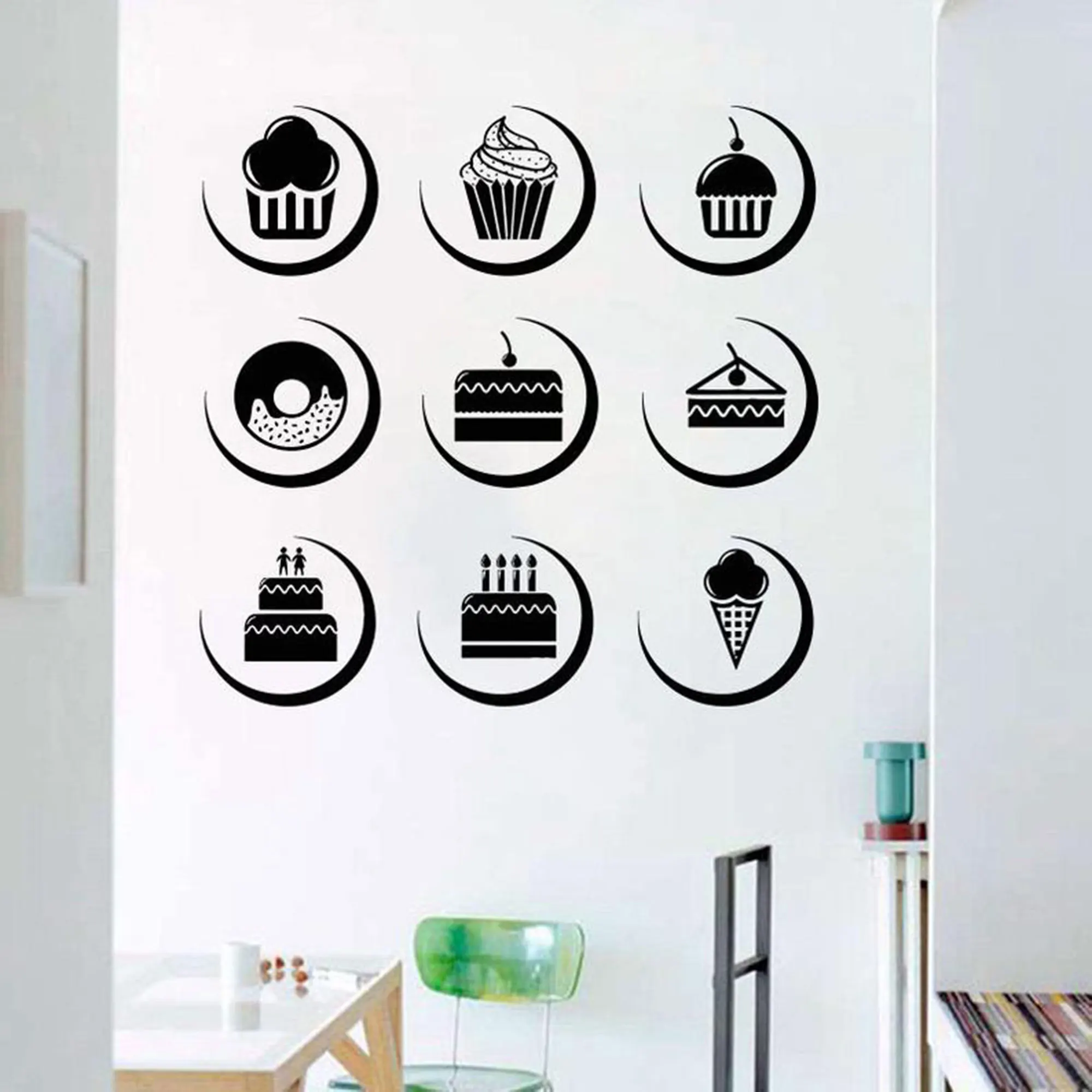 

Set Of 9 Muffins,Cupcakes,Cake, Sweets, Cafe, Dessert, Waffle,Fast Food,Food,Pastry, Wall Decal Window Sticker Murals 2031