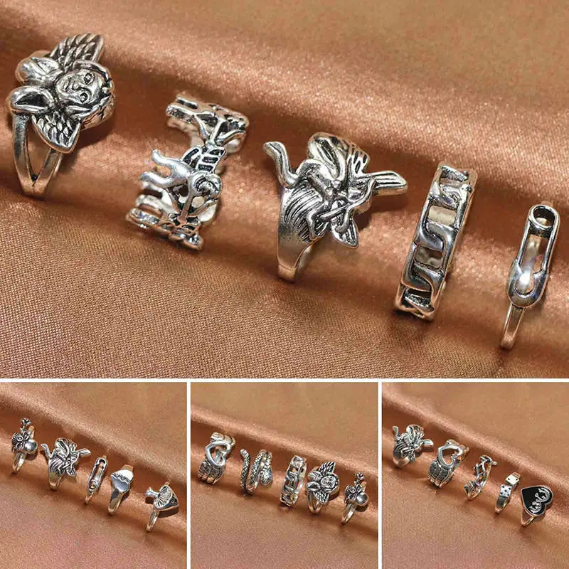 

Vintage Silver Plated Angel Wings Ring for Womens Gothic Punk Steampunk Heart Butterfly Skull Ring Sets Party charm Jewelry