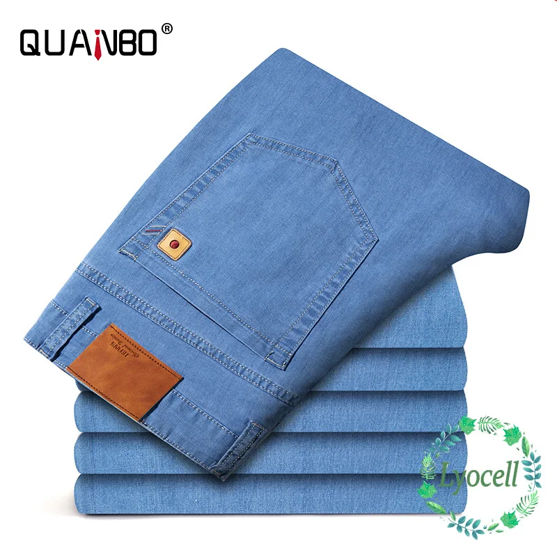 

QUANBO Men's Loose Straight Fit Jean 2021 Summer Thin Lyocell Business Casual Light Blue Stretch Denim Pants Male Trousers