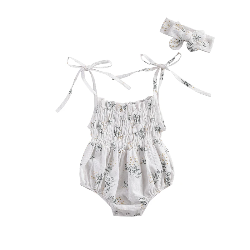

Summer Baby Bodysuit Outfits Floral Printed Tied Spaghetti Strap Bodysuit + Bowknot Headband for Cotton Girls Clothing