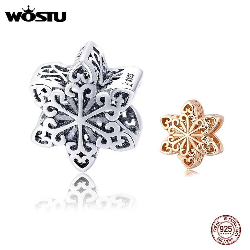 

WOSTU 100% Настоящее серебро 925 пробы Снежинка Шарм розовое золото Бусины Подходят оригинальный браслет Свадебное серебро 925 ювелирные изделия ...