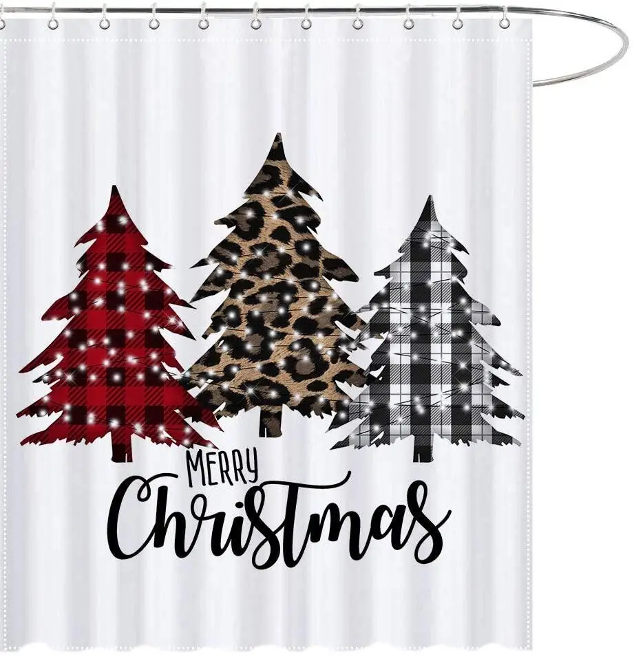 

Farmhouse Christmas Trees Shower Curtains Buffalo Check Plaids Holiday New Year Bathroom Decor Polyester Bath Curtain with Hooks
