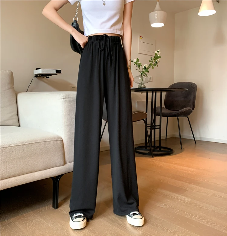 

New Korean Style Ice Silk Casual Pants Women's Summer 2021 Draping Effect Wide Leg Slimming Chic Elegant High-Waist Mopping