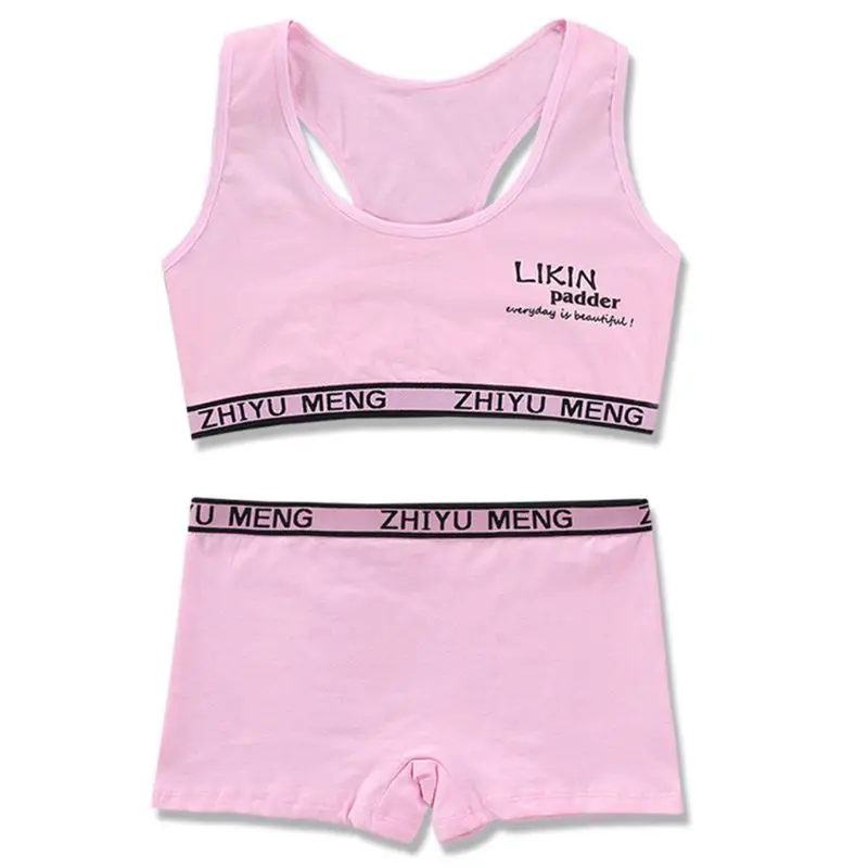 Teenager Sport Cotton Underwear Set Young Girls Racerback Letters Bra Boyshort X3UE