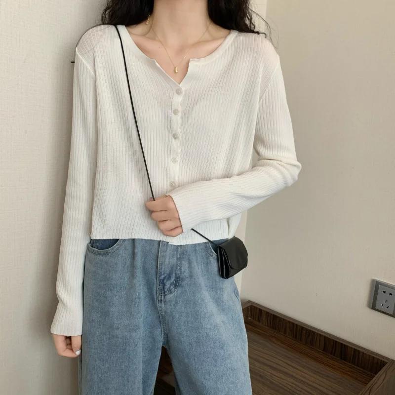 

Womens Single Breasted Cardigans Girls Long Sleeve Sunscreen Korean Knitting Cropped Sweaters Casual Elasticity