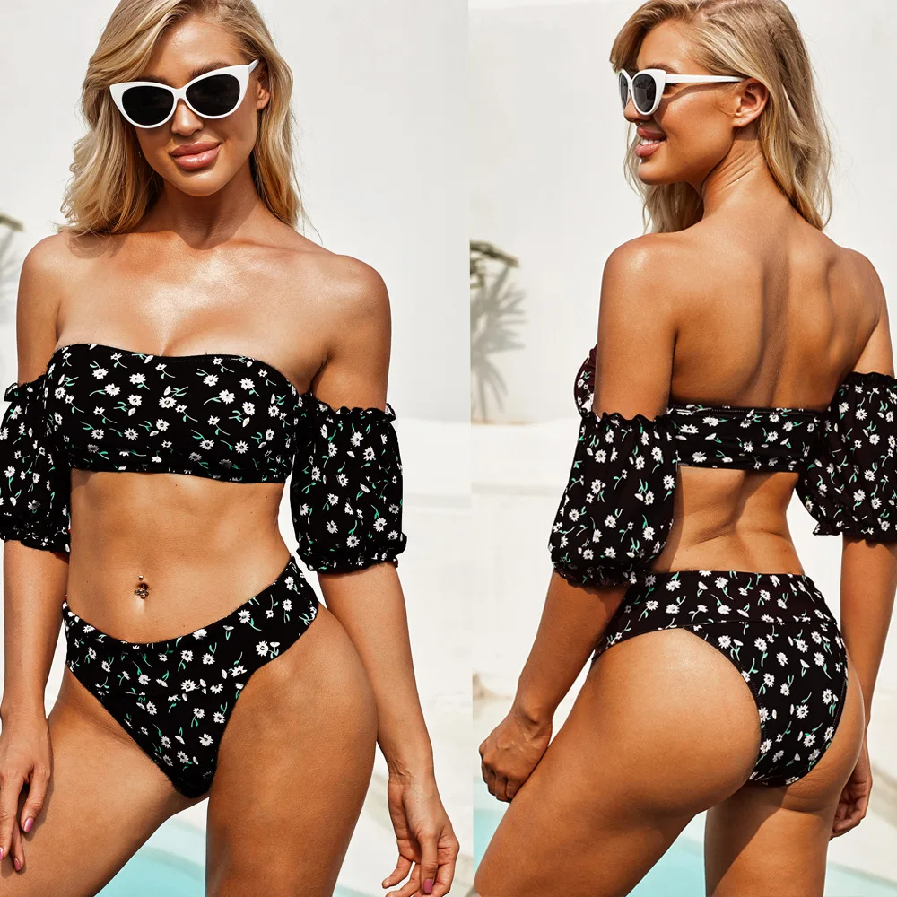 2021 new European and American split bikini short sleeve high waist printed 3-color floral split sexy women's swimsuit