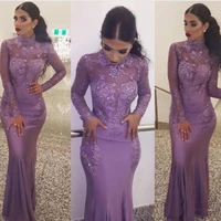 high neck arabic evening dress wear 2019 lace appliques long sleeves mermaid formal prom party gowns vestidos prom dresses