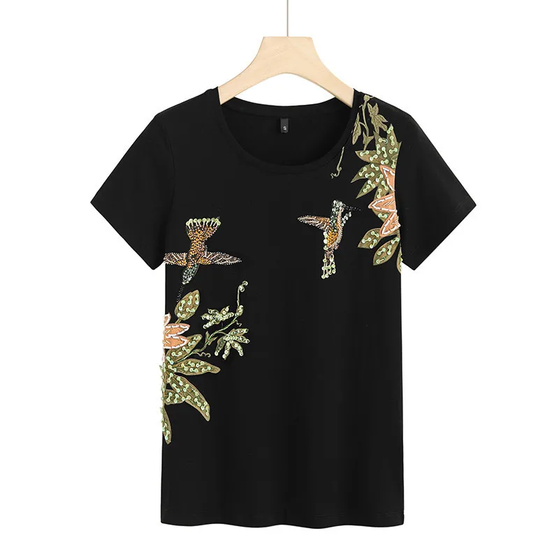 

New Summer 2021 Short Sleeve Women's T-shirt Round Neck Handmade Lotus Slim Korean-Style All-match Women's Shirt Camisas Mujer