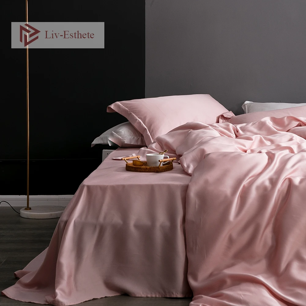 Liv-Esthete Women Star Noble Pink 100% Silk Bedding Set Silky Healthy Duvet Cover Flat Sheet Pillowcace Queen King Bed Linen |