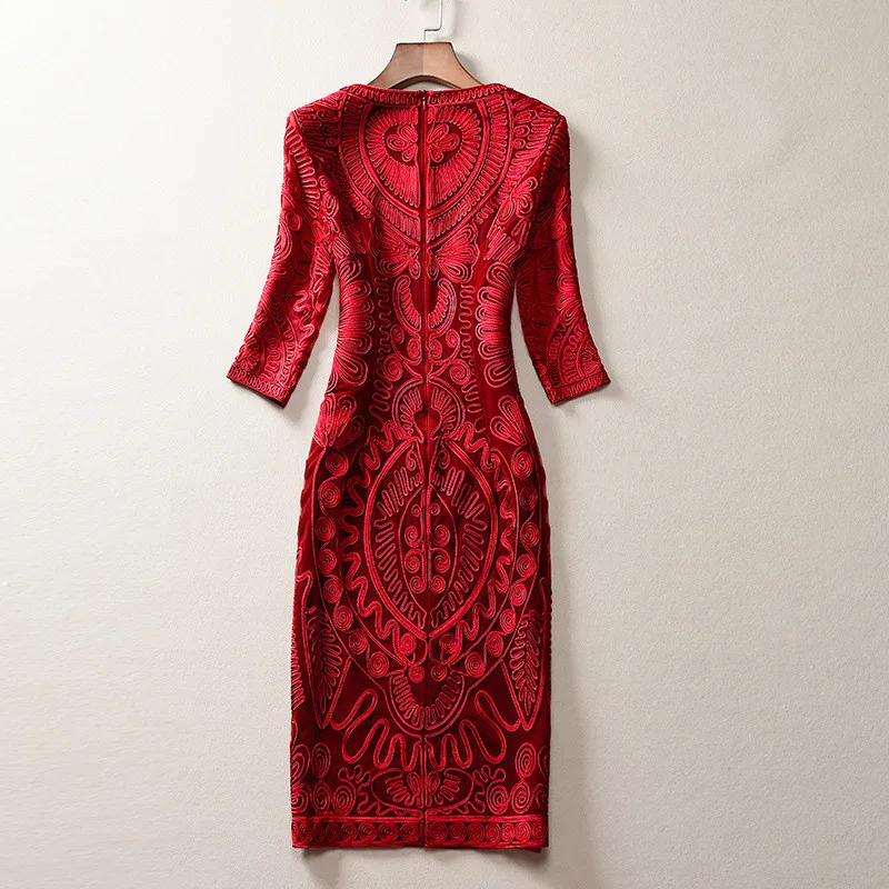 

Top Quality Women Luxury Embroidery Party Dress Spring Festa Elegant Vintage Sexy Cocktail Annual Evening Robe Femme Red Vestido