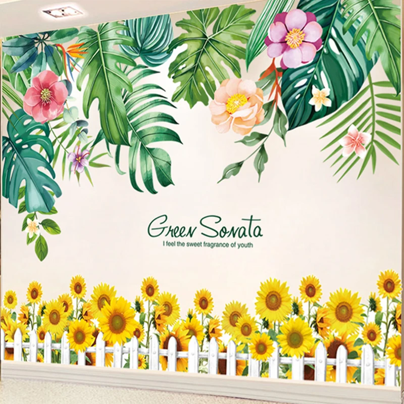 

[SHIJUEHEZI] Tropical Leaves Wall Stickers DIY Sunflowers Plants Wall Sticker for Living Room Kitchen Nursery Home Decoration