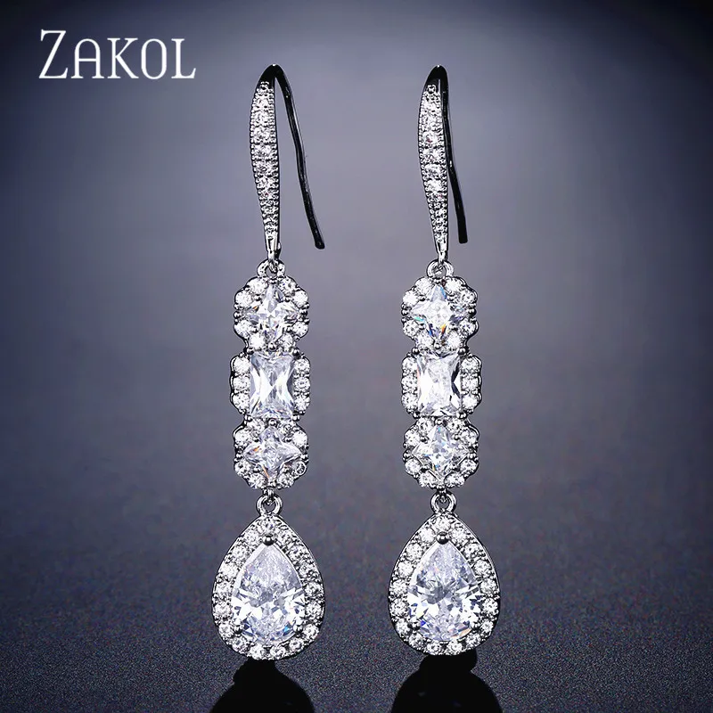 White 5 ZAKOL Роскошные Висячие квадратные Длинные висячие серьги с кубическим цирконием для женщин модные свадебные ювелирные изделия в виде листьев FSEP2213 - Окраска металла: White 5