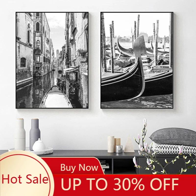 Картина на холсте Венеция архитектура черно белые фото плакаты Италия улица