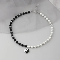 new fashion black white imitation pearl beaded necklaces gift for women trendy hip hop geometric tai chi pendant necklace bijoux
