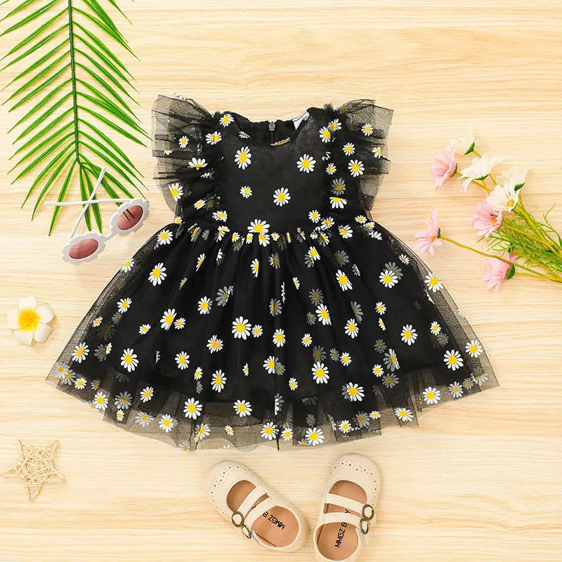 

Summer 2022 New Arrivals Girls Sleeveless Daisies Mesh Black Roupa Infantil Menina Cute Party Dress Custume 0-3T