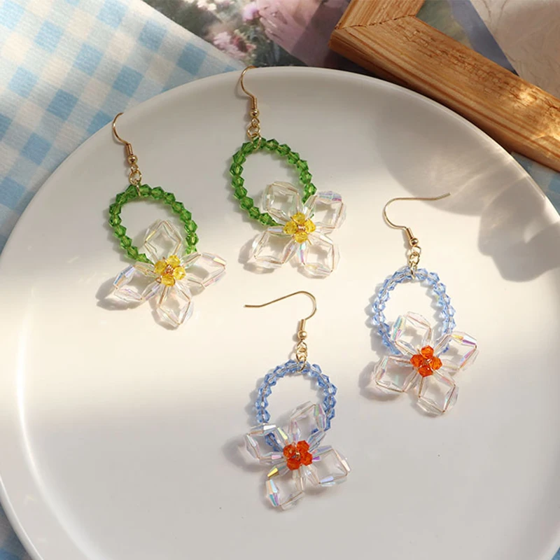 

Donarsei Sweet Shining Blue Crystal Flowers Earrings For Women Korea Cute Girls Harajuku Resin Drop Earrings Party