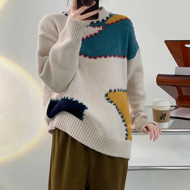 

Fashion Stitch Patch Design Stitching Contrast Color Pullover Sweater Women 2021 Autumn and Winter Knitted Sweater Top
