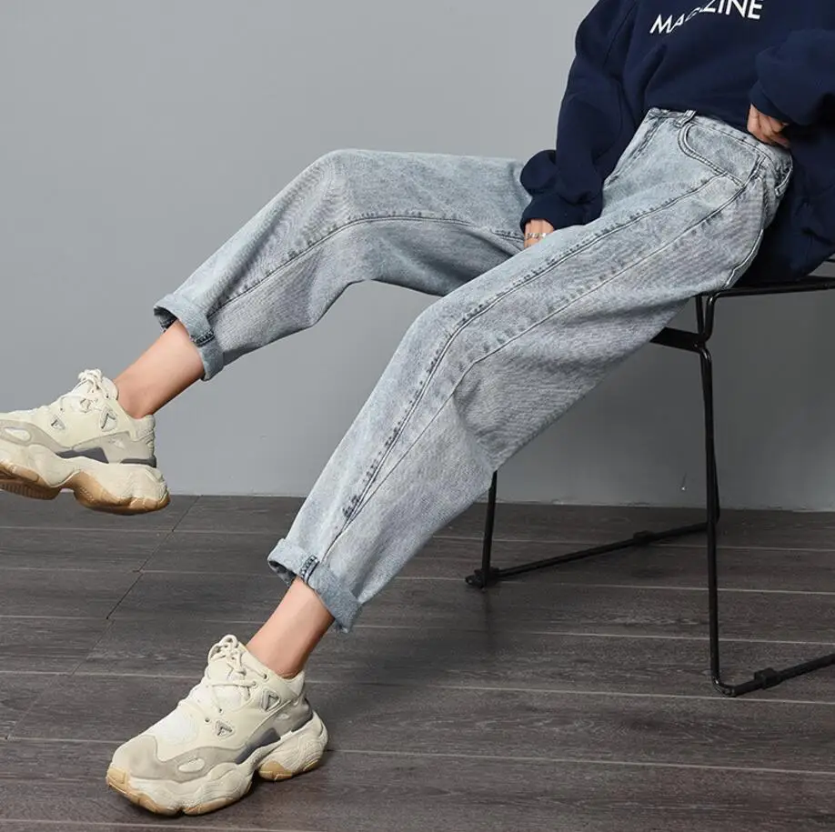 

Straight Woman Jeans 2020 New Elasticity High Waist Woman Plus Size Mom Jeans Blue Pants New Loose Harem Pants Hot Sale