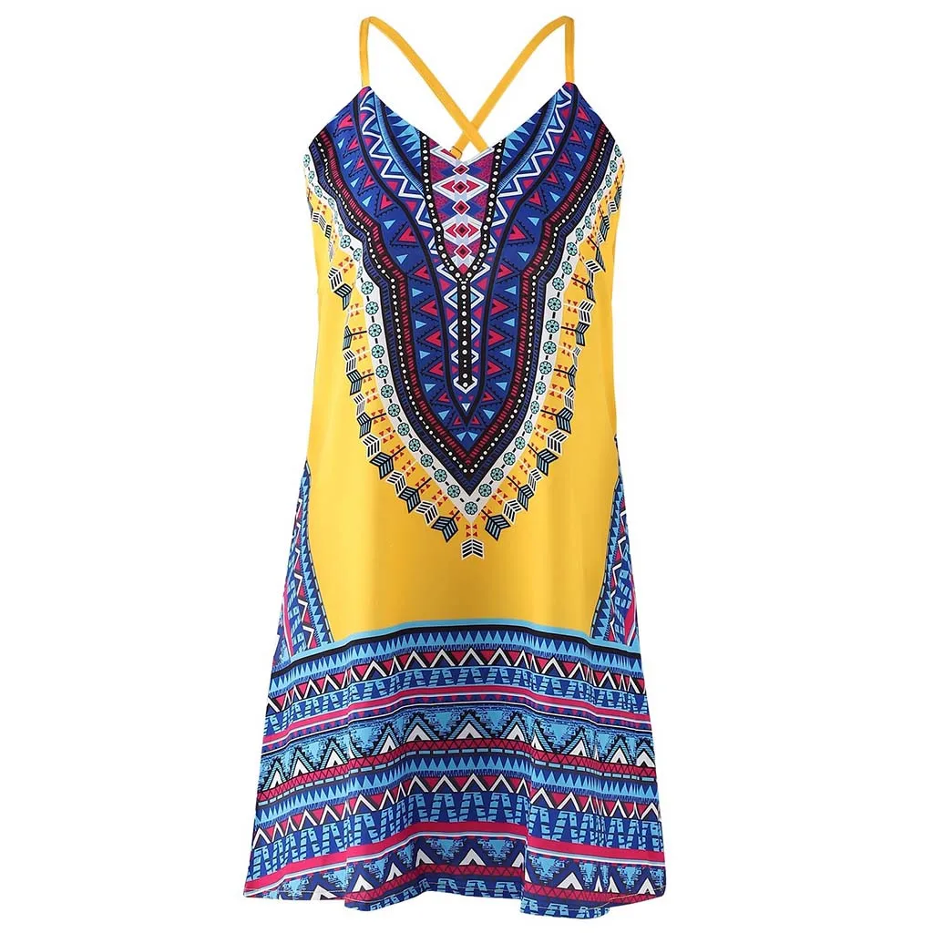 

2021 Swimming Dress Beach Cover Up Womens Summer Print Color Block Sleeveless Dress A-line Maxi Mini Sundress