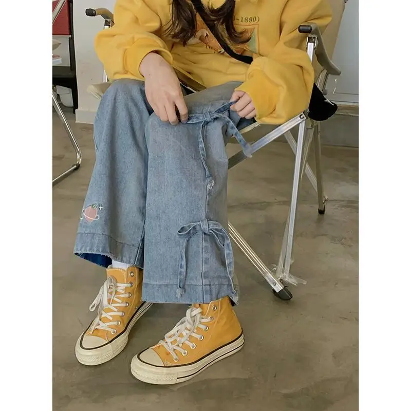 

Spring and summer 2021 new versatile straight tube design embroidery high waist daddy pants student wide leg jeans women [end of