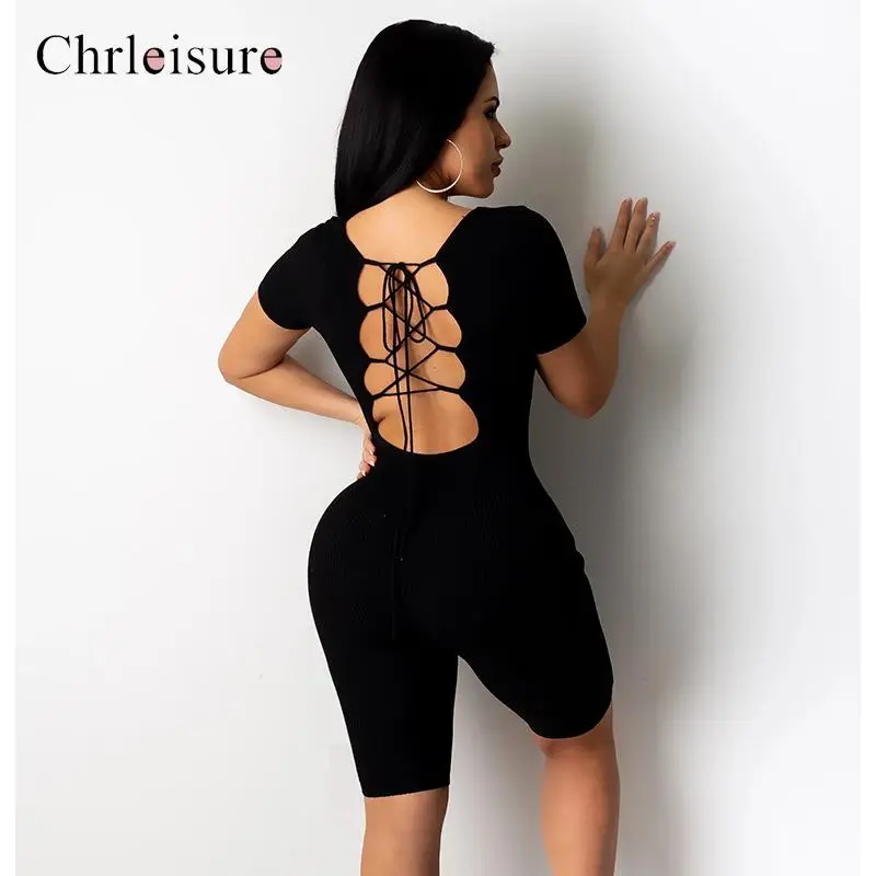 Summer Bodycon playsuit Women Backless Lace Up Sexy Rompers Short Sleeve Push Streetwear Solid Ribbed Jumpsuit |
