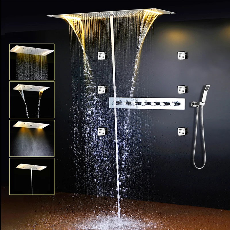 

LED Shower Systems Bathroom Ceiling Shower Head Thermostatic Concealed Mixer Rainfall Waterfall Hot and Cold Water Mixer Tap