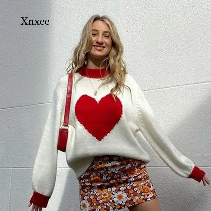 

Свободный вязаный свитер Love Heart, милая Женская водолазка с длинным рукавом, повседневные пуловеры для поездок в стиле преппи, милая уличная ...