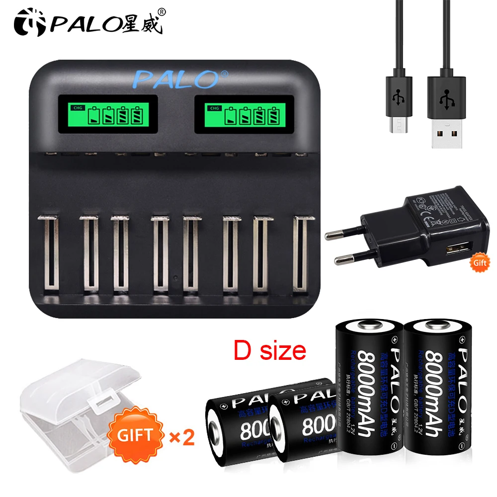 Аккумуляторные батарейки Palo, 1,2 в, 8000 мАч, NiMh, D, R20, с USB-портом