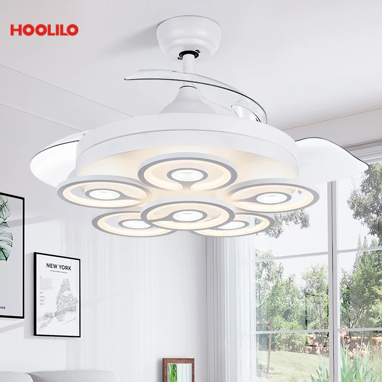 42'' Modern Fancy Low Watt Remote Control Retractable Blade Ceiling Fan With Light LED 3 Color Ventilador De Techo Con Luz Smart | Лампы